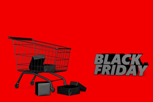 istock Black gift box, shopping cart, copy space. Black friday concept 1441096477