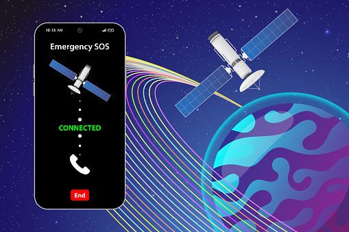 SOS emergency call via satellite on the phone, emergency services vector