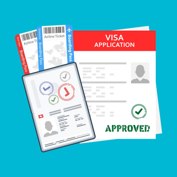 Application visa Document for travel. Passport with tickets, money Visa application. Travel approval. Immigration visa Vector Application visa Document for travel. Passport with tickets, money Visa application. Travel approval. Immigration visa Vector emigration & immigration stock illustrations