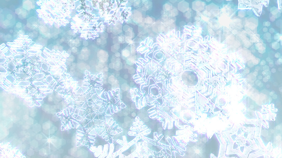 Big Christmas snowflakes on a background of sparkly defocused snow or glitter, 3D.