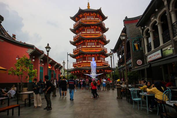 Tangerang, West Java, Indonesia, 2022 - Visitors hanging out at the PIK Chinatown Pantjoran Area. stock photo