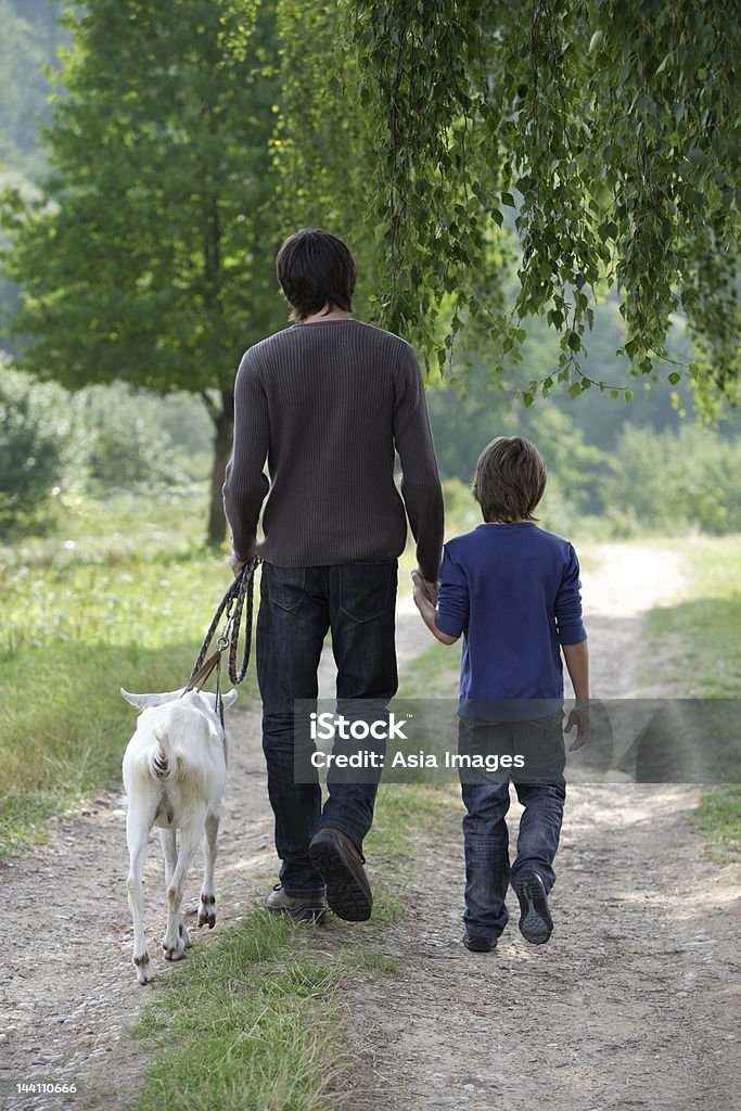 Pai e filho caminhando com cabra - Foto de stock de 10-11 Anos royalty-free