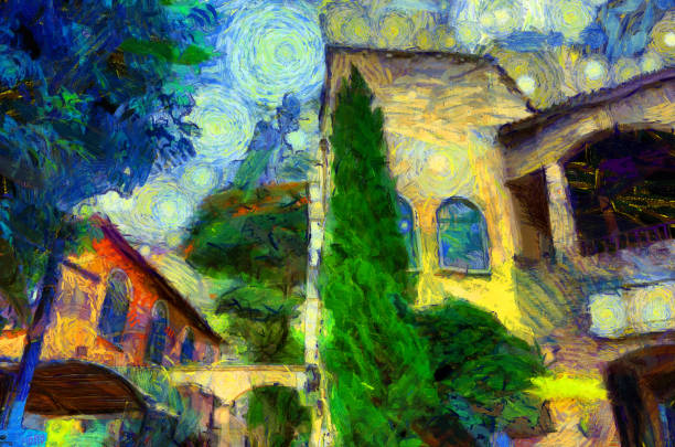 istock Italian style architecture village landscape Illustrations creates an impressionist style of painting. 1441107480