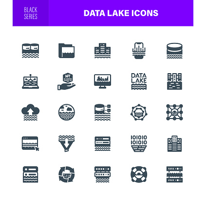 Data Lake Icon Set. Black Silhouette. The set contains icons as Big Data, Pattern, Database, Three Dimensional, Personal Data