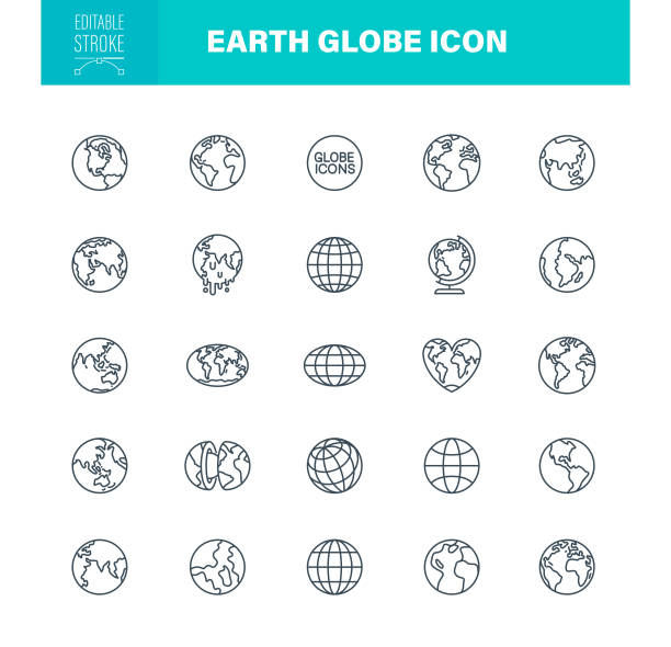illustrazioni stock, clip art, cartoni animati e icone di tendenza di tratto modificabile delle icone del globo terrestre - globo terrestre