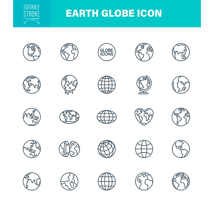 Earth Globe Icon Set. Editable Stroke. Contains such icons as Navigation, Global Business, Global Communication, Planet - Space, World Map