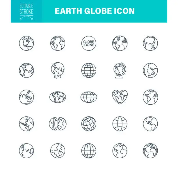 Vector illustration of Earth Globe Icons Editable Stroke