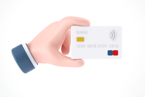 Cartoon hand of businessman holds credit card isolated on white. Payment or online shopping and online banking illustration