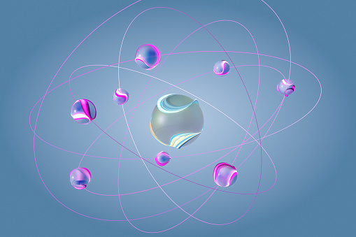 Electrons with light trails of  energy orbiting around the nucleus, 3d render.