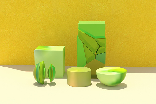 Still life with geometric shapes in soft green and yellow, 3d render.