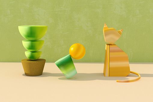 Still life with geometric shapes in soft green and yellow, 3d render.