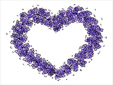 Hand drawn vector lavender branch clipart. Botanical illustration. Heart frame.