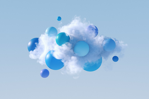 Fluffy white cloud with blue spheres, 3d render.