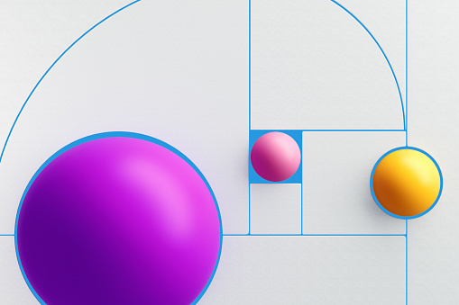 Three spheres in a structure built according to the Fibonacci spiral, 3d render.