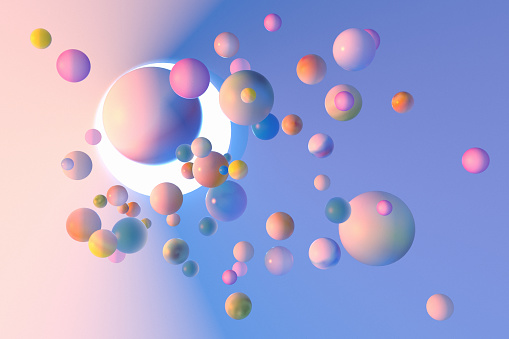 Lots of multicolored spheres moving and  traveling through a tunnel, 3d render.