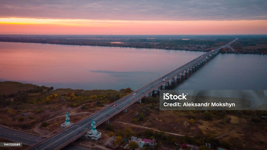 The road to Krym through the Kherson Bridge in Antonovka. The road to Krym through the Kherson Bridge in Antonovka. A bridge across the Dnieper River connecting the right and left banks Accidents and Disasters Stock Photo