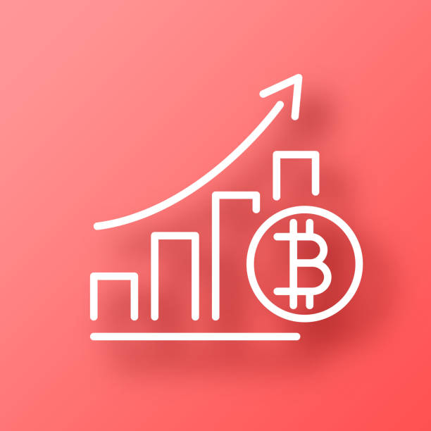 diagramm der erhöhten bitcoin-rate. symbol auf rotem hintergrund mit schatten - red background grafiken stock-grafiken, -clipart, -cartoons und -symbole