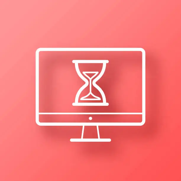 Vector illustration of Desktop computer with hourglass. Icon on Red background with shadow