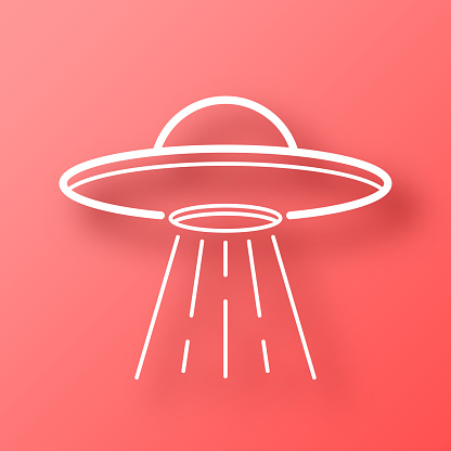 istock UFO - Flying saucer with light beam. Icon on Red background with shadow 1441122609