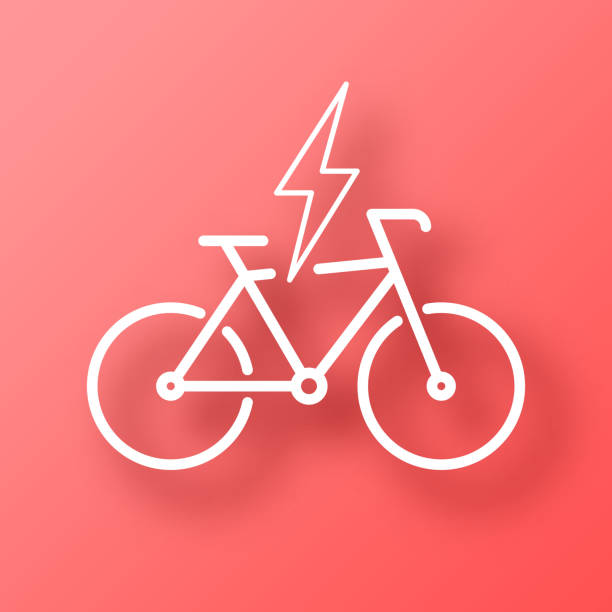 전기 자전거 담당. 그림자가 있는 빨간색 배경의 아이콘 - bicycle racing bicycle isolated red stock illustrations