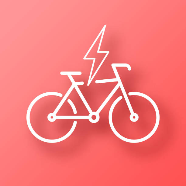 электрический велосипед в комплекте. значок на красном фоне с тенью - bicycle racing bicycle isolated red stock illustrations