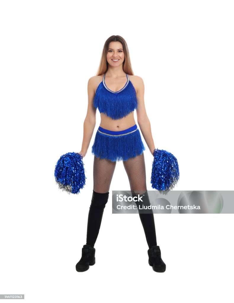 Bella Cheerleader In Costume Che Tiene I Pon Pon Su Priorità Bassa