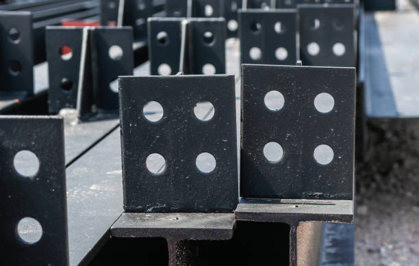 istock Steel beam fin plate drilling for bolted connection joints. 1441123317