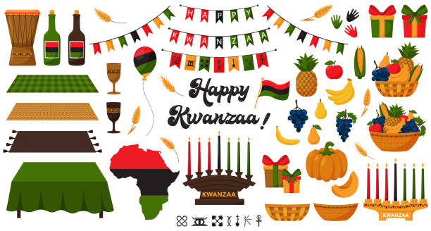 Set of decorative elements for traditional African American holiday Kwanzaa. Candleholder, Kinara, fruits, gift boxes, mkeka, drum, unity cup, flags, signs of principles. Isolated vector illustrations Set of decorative elements for traditional African American holiday Kwanzaa. Candleholder, Kinara, fruits, gift boxes, mkeka, drum, unity cup, flags, signs of principles. Isolated vector illustrations kwanzaa stock illustrations