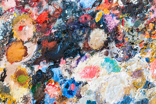 Close up image of a multi-colored artist pallet