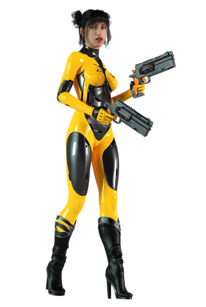 futuristic soldier in a black and yellow suit, armed with guns, 3d rendering