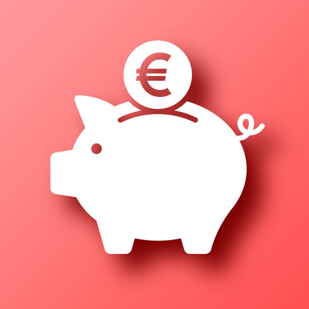 копилка с монетой евро. значок на красном фоне с тенью - piggy bank red coin bank isolated stock illustrations