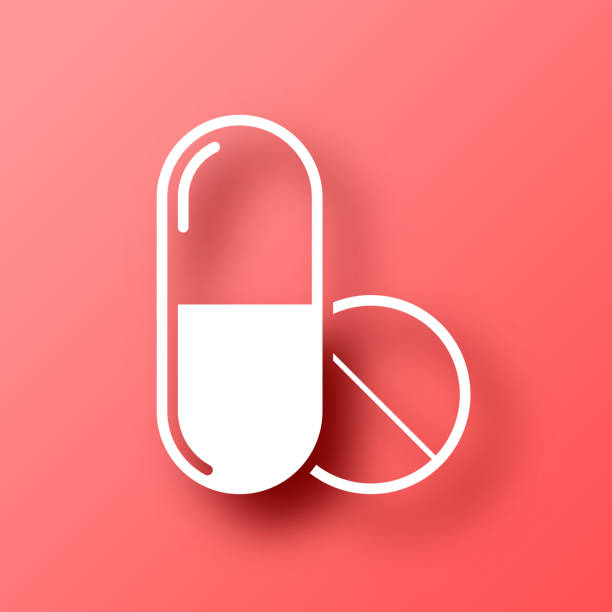 таблетки - медицинские препараты. значок на красном фоне с тенью - nutritional supplement vitamin pill pill ecstasy pill stock illustrations