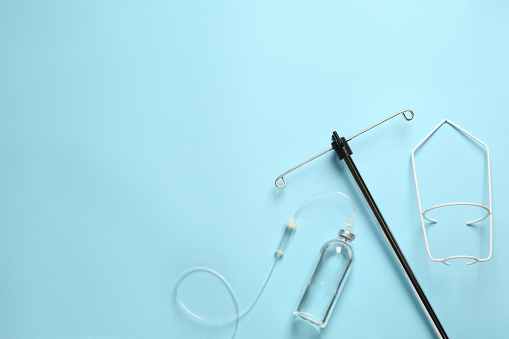 Infusion Set Background Iv Infusion Set On Light Blue Background Flat Lay Space For Text Stock ...