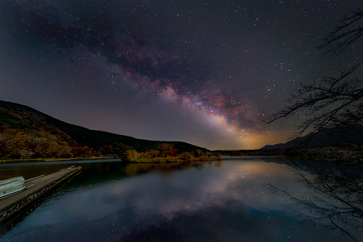 Beautiful night view with milkyway over the lake. taken at Japan.