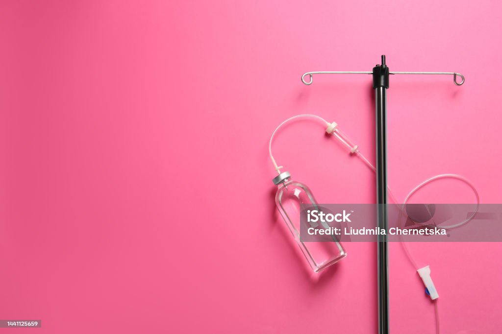 Infusion Set Background Iv Infusion Set On Pink Background Flat Lay Space For Text Stock Photo ...