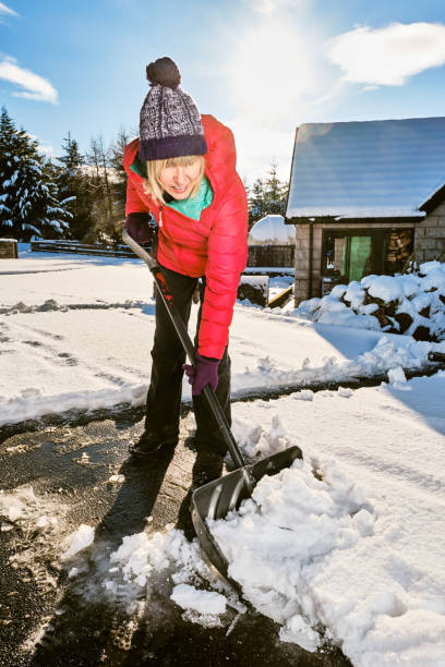 눈 삽을 사용하여 앞마당에서 눈을 치우는 여자 - snow shovel glade removing 뉴스 사진 이미지