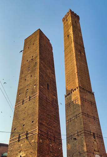 Asinelli and Garisenda, Le due torri, symbols of medieval Bologna towers, Bologna, Italy