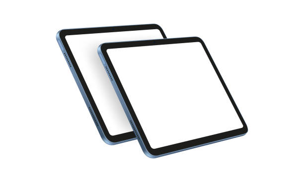 빈 화면이 있는 두 개의 파란색 태블릿 모형, 투시 측면 보기 - ipad 2 stock illustrations