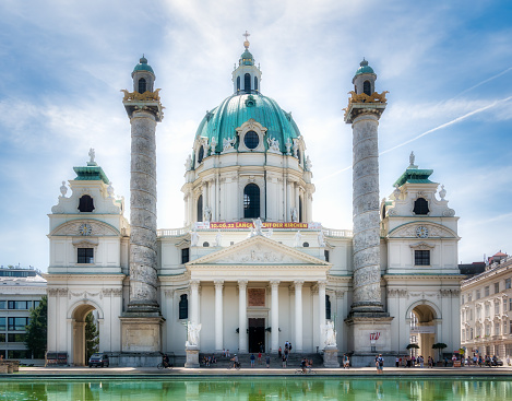 Vienna, Austria - June 2022: View with Karlskirche (St. Charles Church) Habsburg baroque cathedral located on the south side of Karlsplatz in Vienna