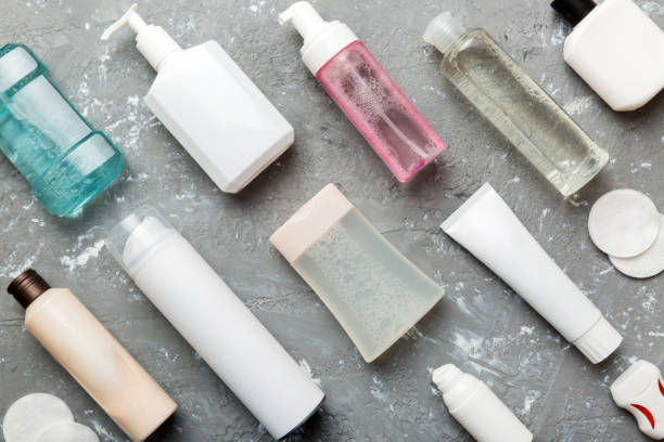 istock Mockup for bathing products top view flat lay, spa razor, toothpaste, soap, gel and other various accessories. Cosmetics for skin health. Bath Mockup for your logo 1441127715