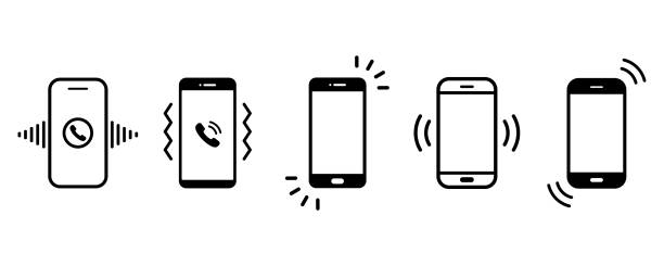 rezgés és csengő telefonvektor ikonok halmaza fehér háttéren. jel az okostelefonon. bejövő értesítés. - mobiltelefon témájú stock illusztrációk
