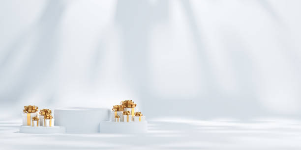 istock Background with podium and gifts for visualization. Studio in a minimalist style and pastel colors for the presentation of cosmetics. 3d illustration. 1441130226