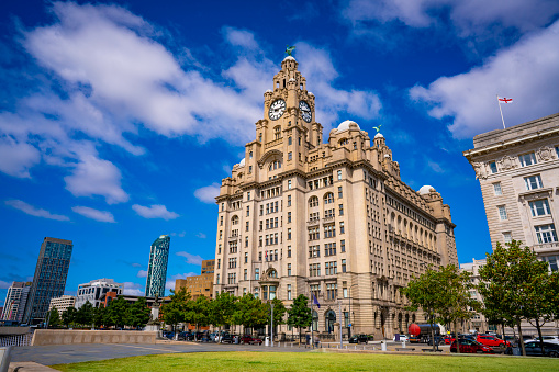 Liverpool Pier head featuring Royal Liver building and Cunard building in England UK United Kingdom