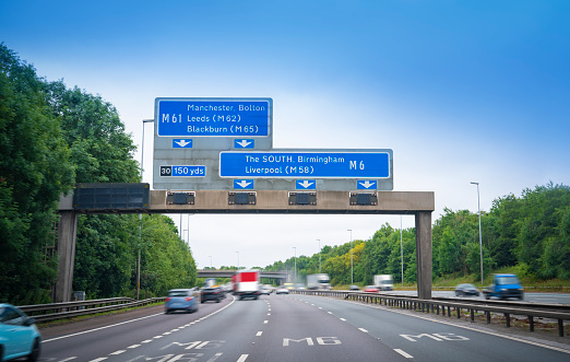 England road signals to Liverpool, Manchester and Birmingham by the M6 motorway of Uk United Kingdom