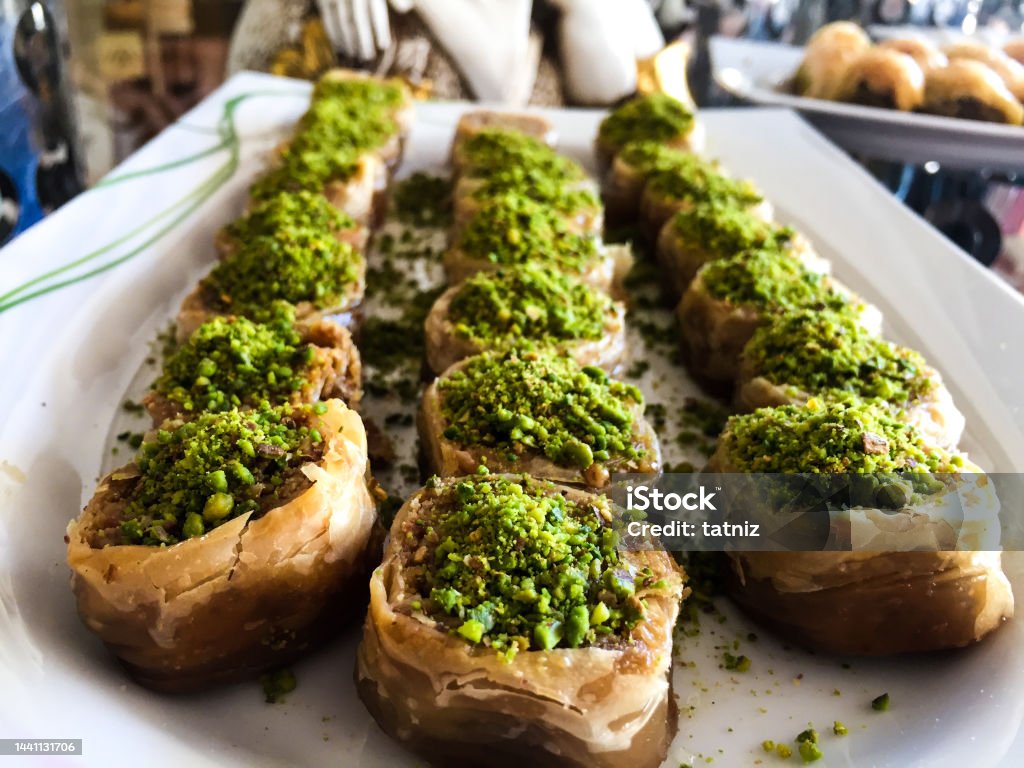 Turkish Dessert Baklava on a plate Baked Stock Photo
