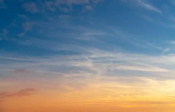 Sunset sky with blue and golden orange colors at dusk background