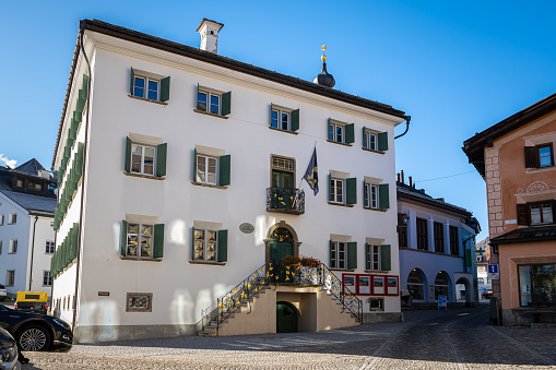 Samedan, Switzerland - October 2022: Picturesque town hall of the place Samedan in Graubünden canton, Switzerland.