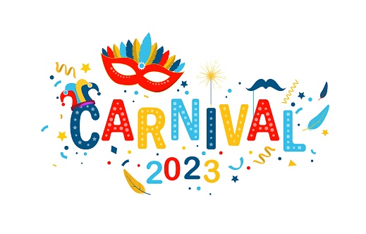 Carnaval 2023 cocept. Greeting and invitation postcard. Holiday, culture and tradition. Bright mask of feathers on background of confetti, brazilian festival. Cartoon flat vector illustration