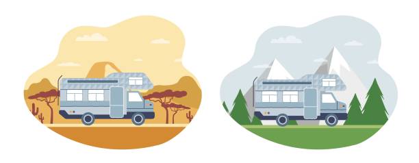 zestaw sceny przyczep kempingowych - tear drop camper stock illustrations