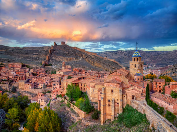 Views of Albarracin with its cathedral in the foreground. stock photo